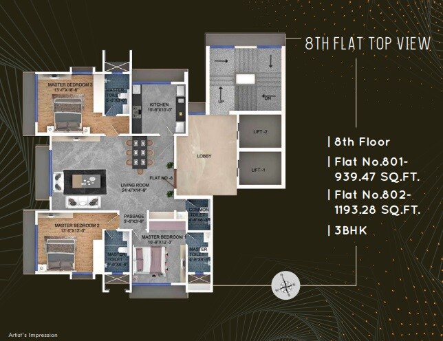 Floor plan of 3 BHK 1193 Sq. Ft. Apartment in Oscar Om Neelkanth Darshan, Mumbai