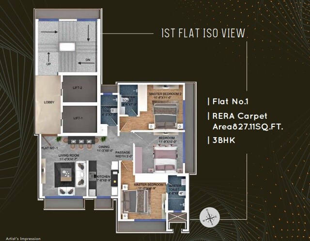 Floor plan of 3 BHK 827 Sq. Ft. Apartment in Oscar Om Neelkanth Darshan, Mumbai