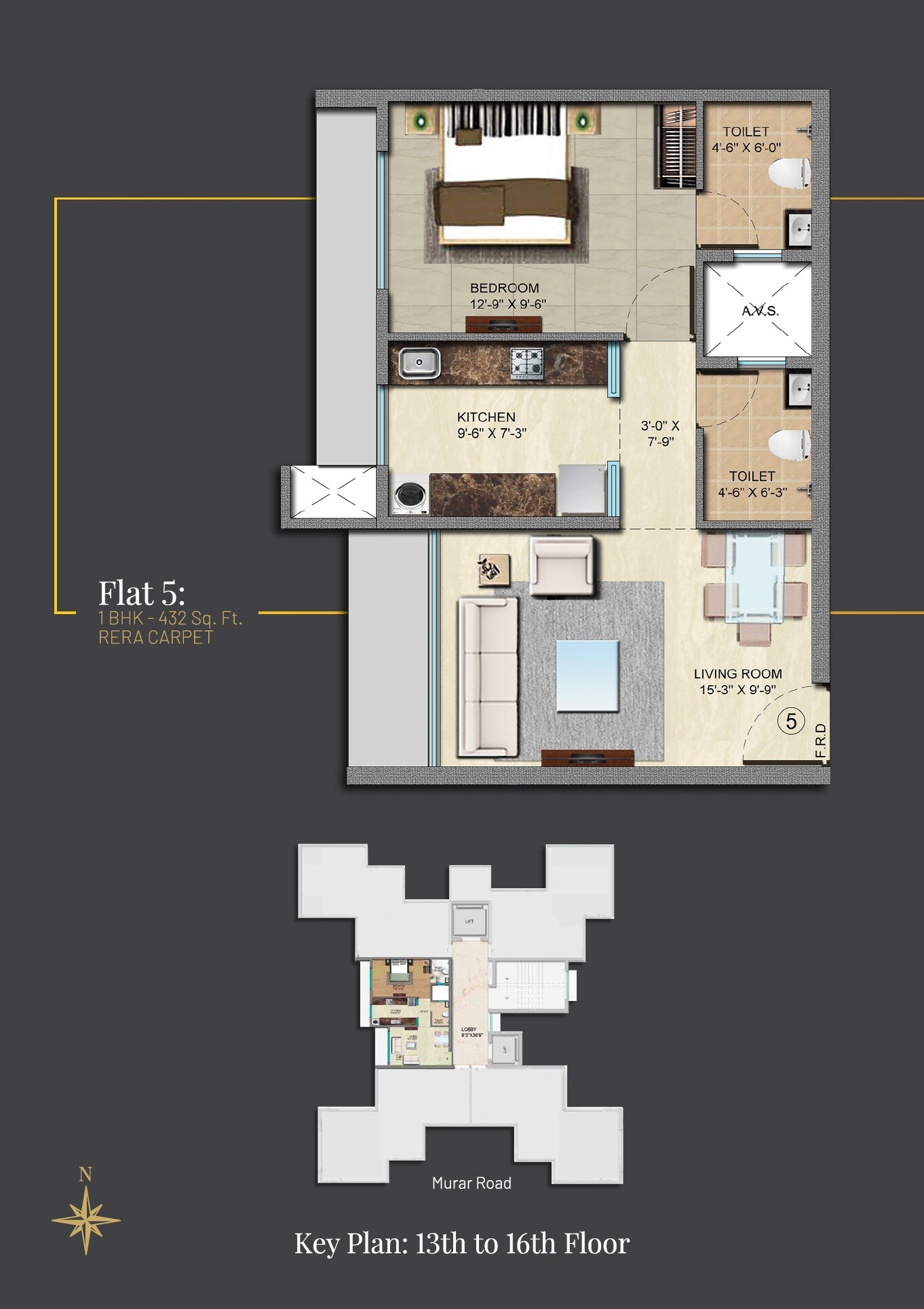 Floor plan of 1 BHK 432 Sq. Ft. Apartment in Oscar Om Residency, Mumbai