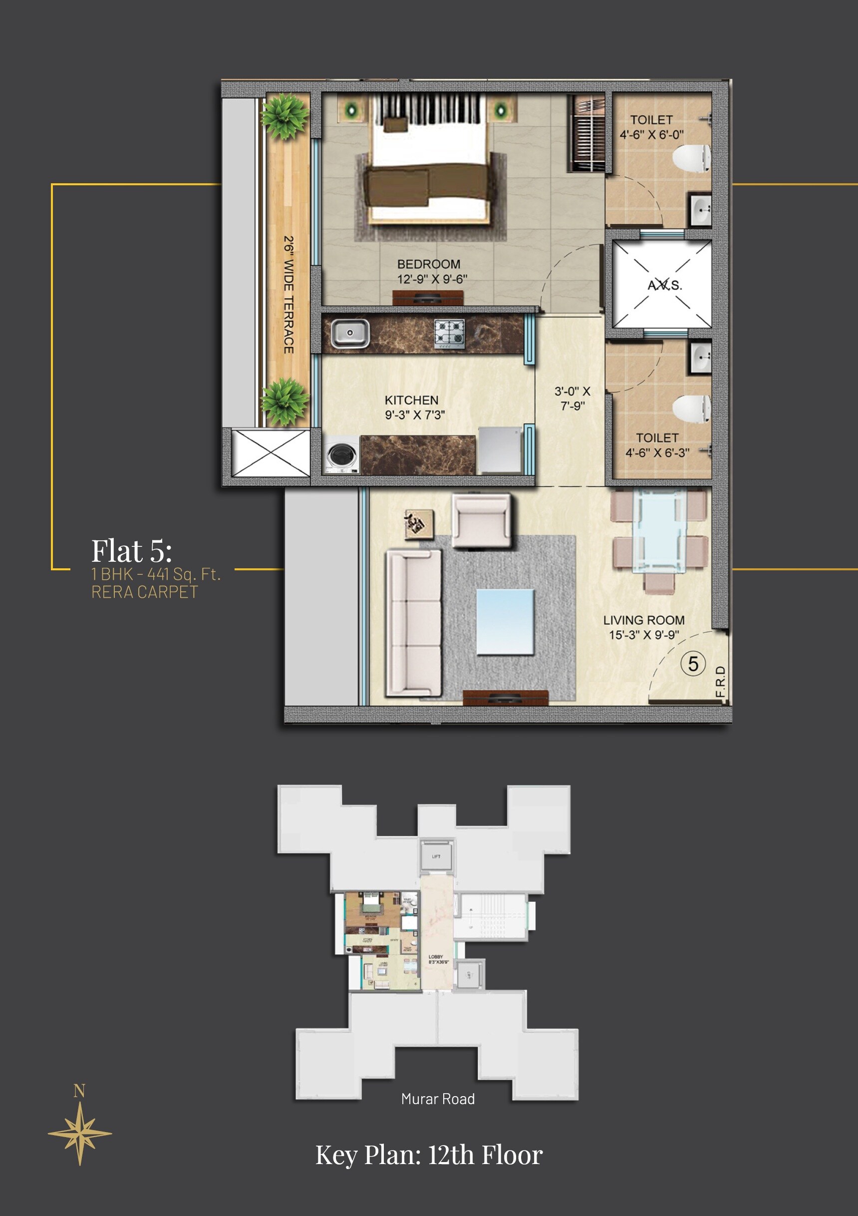 Floor plan of 1 BHK 441 Sq. Ft. Apartment in Oscar Om Residency, Mumbai
