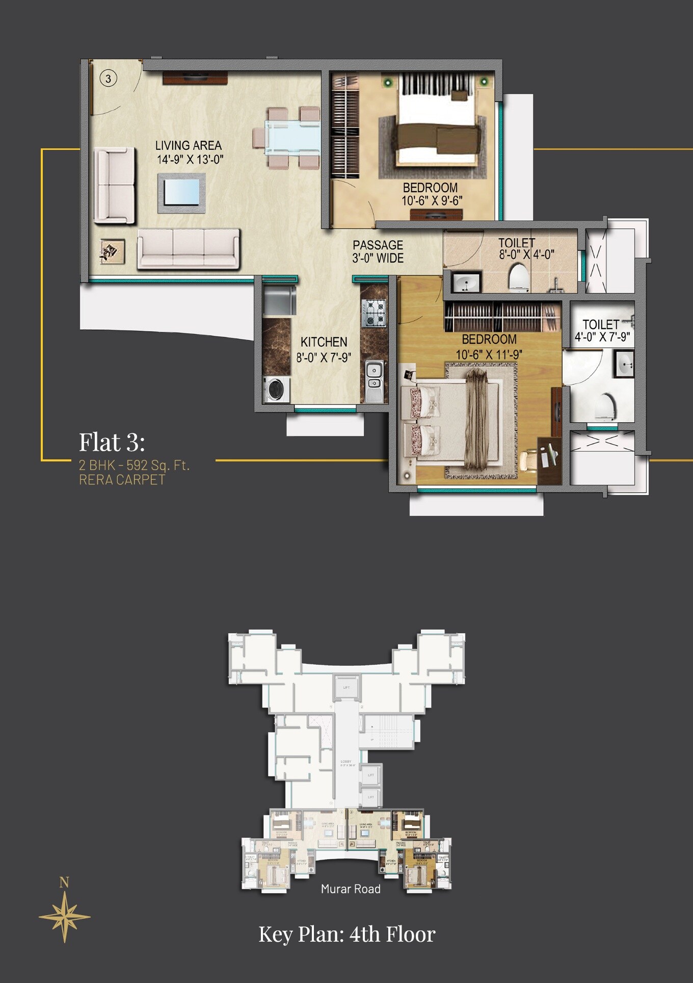 Floor plan of 2 BHK 592 Sq. Ft. Apartment in Oscar Om Residency, Mumbai