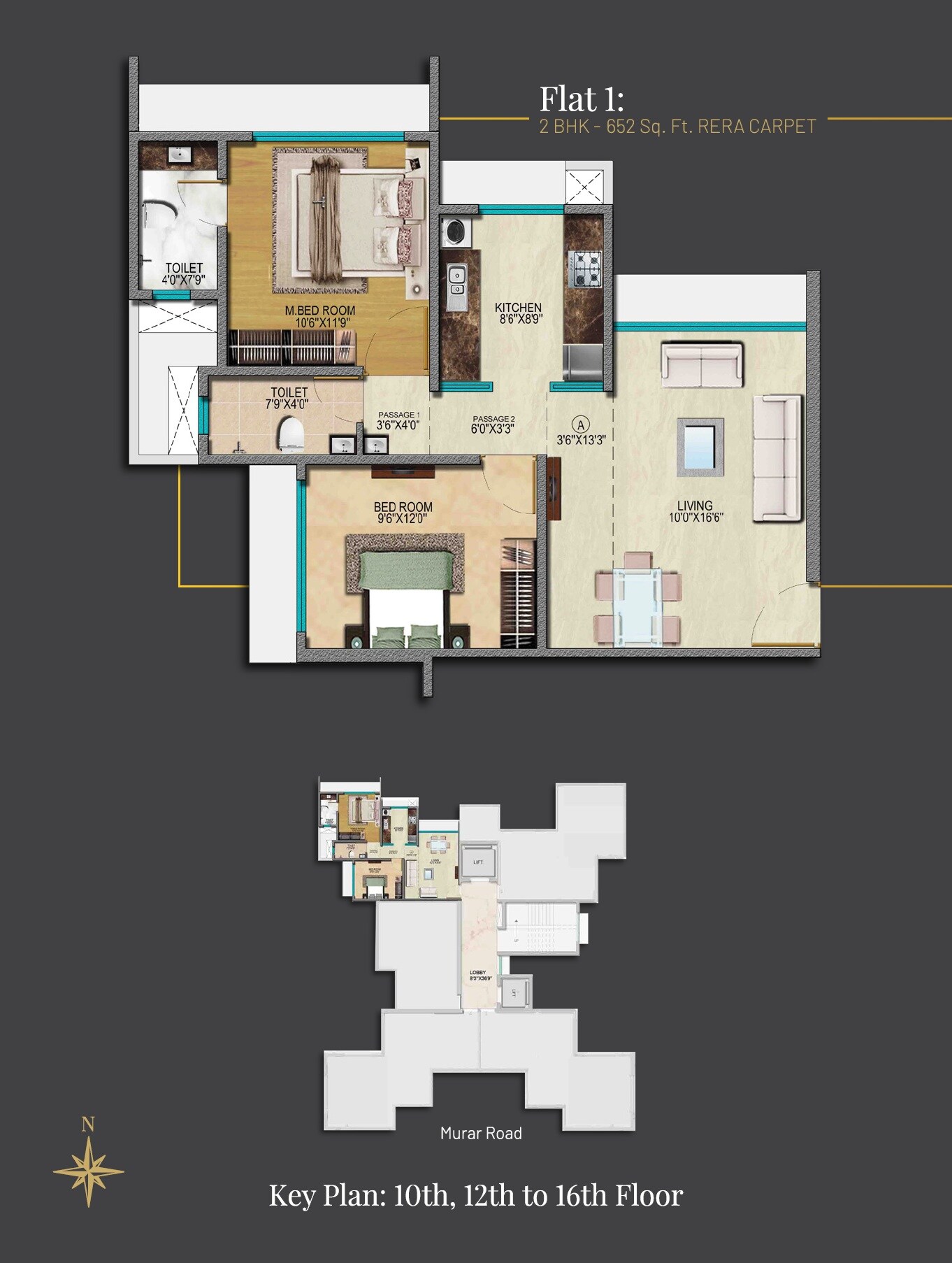 Floor plan of 2 BHK 652 Sq. Ft. Apartment in Oscar Om Residency, Mumbai