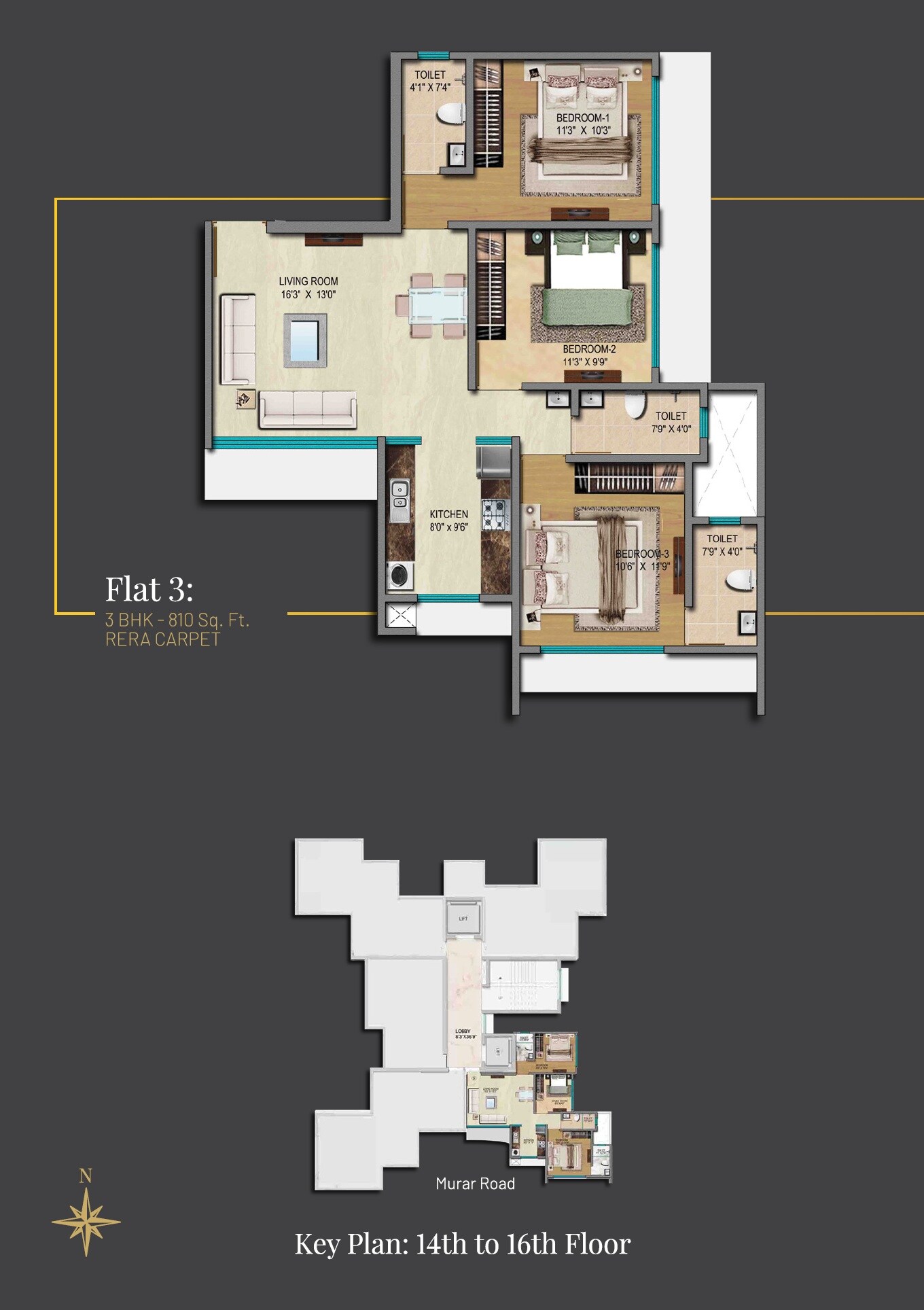 Floor plan of 3 BHK 810 Sq. Ft. Apartment in Oscar Om Residency, Mumbai