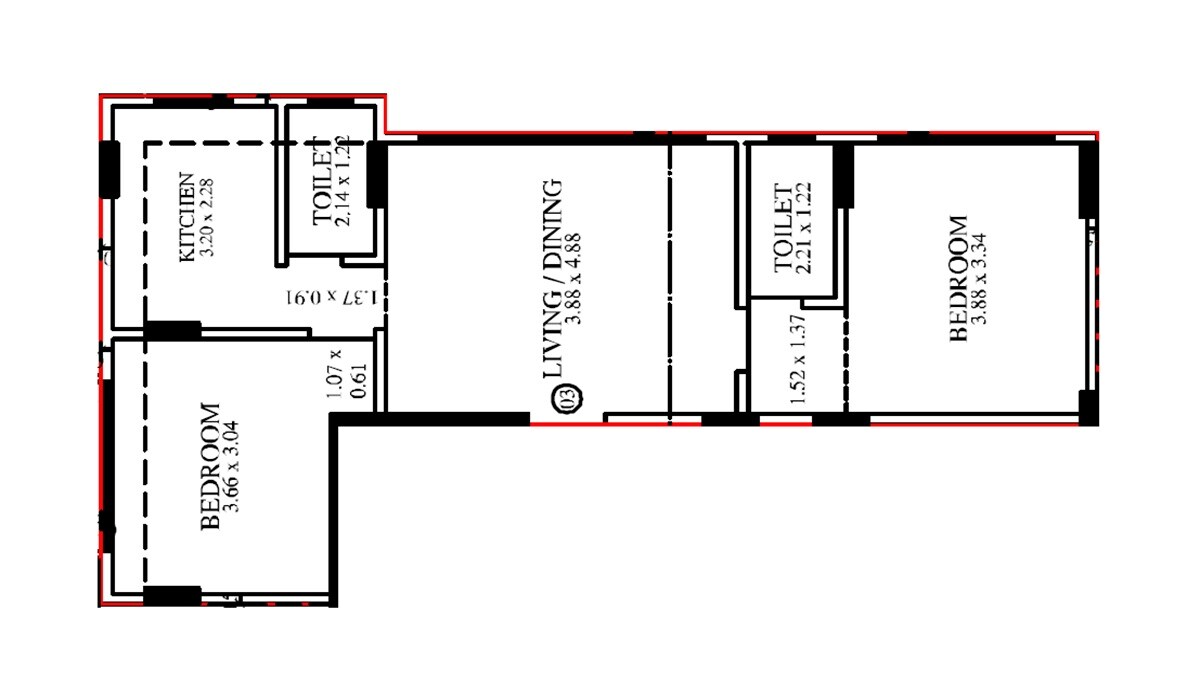 Floor plan of 2 BHK 834 Sq. Ft. Apartment in Oshia Residency, Mumbai