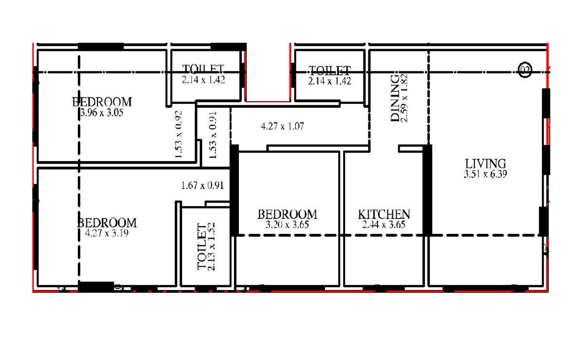 Floor plan of 3 BHK 1045 Sq. Ft. Apartment in Oshia Residency, Mumbai