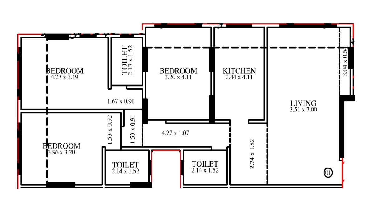 Floor plan of 3 BHK 1132 Sq. Ft. Apartment in Oshia Residency, Mumbai