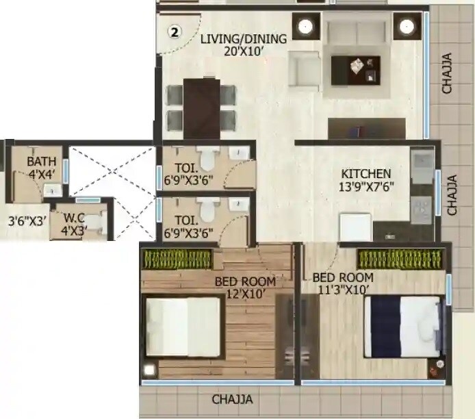 Floor plan of 2 BHK 587 Sq. Ft. Apartment in Ossia Enclave, Mumbai