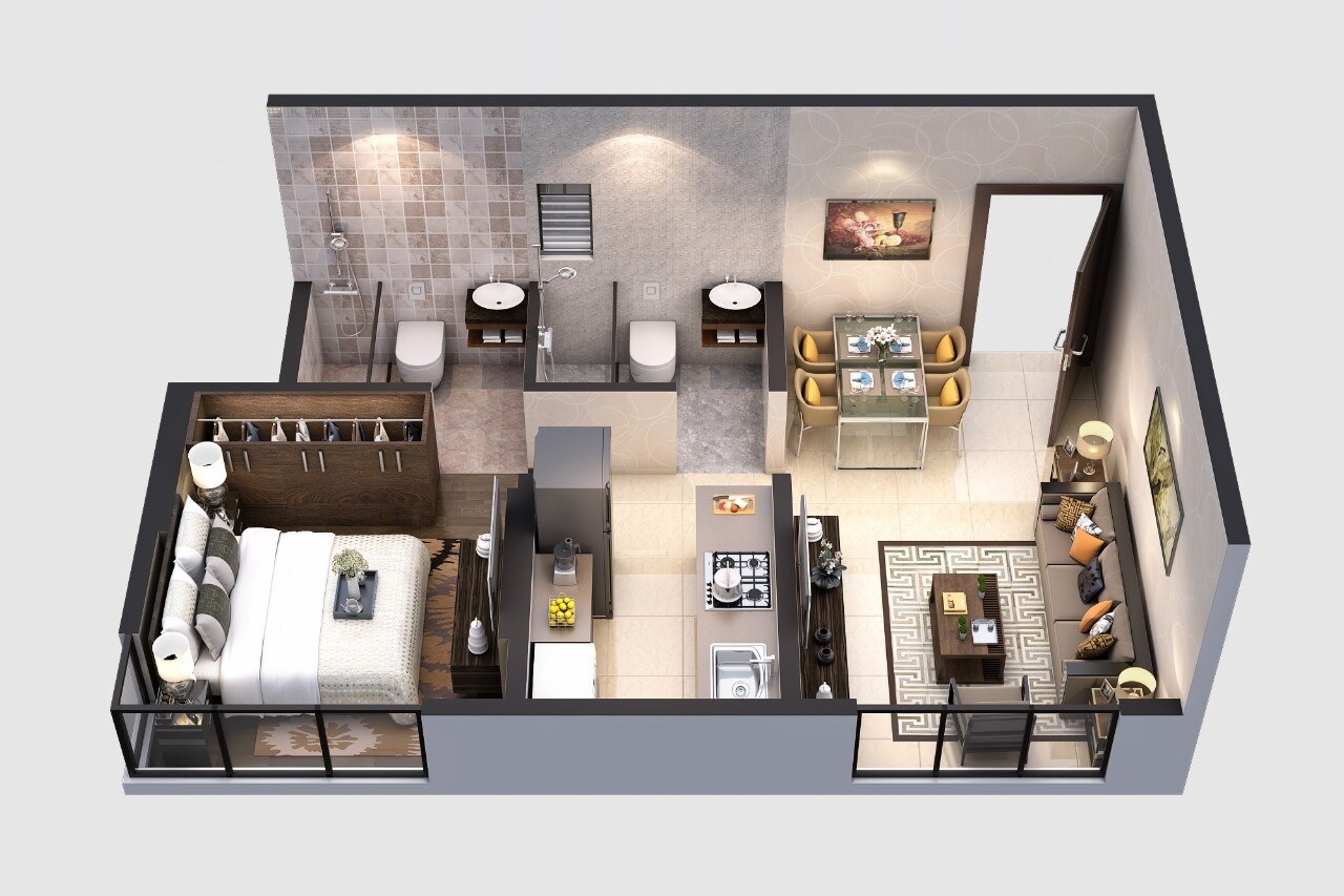 Floor plan of 1 BHK 352 Sq. Ft. Apartment in Ossia Narmada Chaya, Mumbai