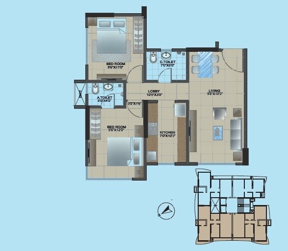 Floor plan of 2 BHK 601 Sq. Ft. Apartment in Ossia Narmada Chaya, Mumbai