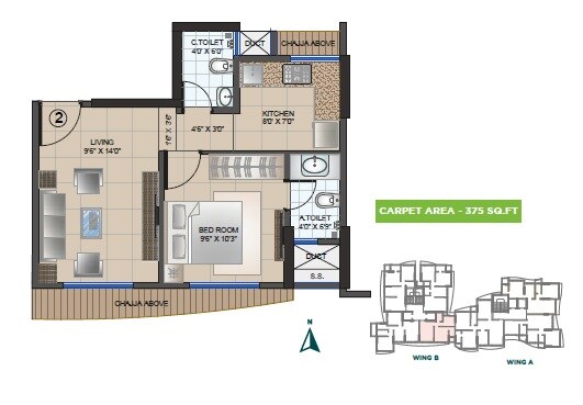 Floor plan of 1 BHK 375 Sq. Ft. Apartment in Ossia Prem Ratan, Mumbai