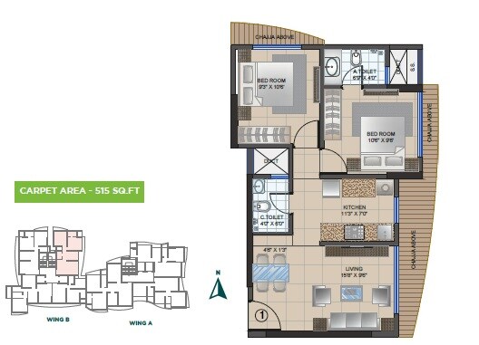 Floor plan of 2 BHK 515 Sq. Ft. Apartment in Ossia Prem Ratan, Mumbai