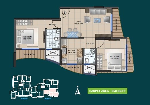 Floor plan of 2 BHK 550 Sq. Ft. Apartment in Ossia Prem Ratan, Mumbai