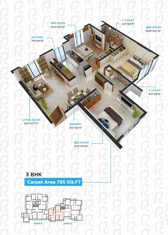 Floor plan of 3 BHK 785 Sq. Ft. Apartment in Ossia Prem Ratan, Mumbai
