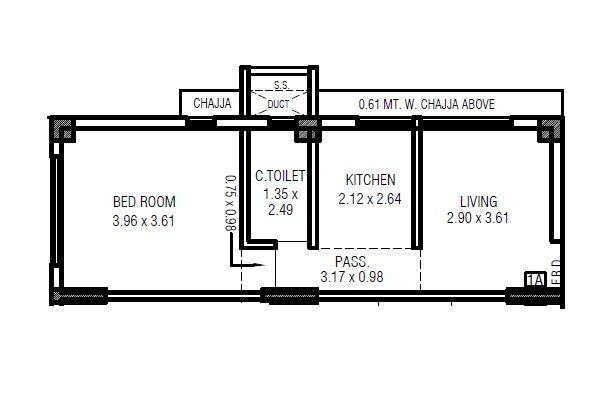 Floor plan of 1 BHK 388 Sq. Ft. Apartment in Ossia Shivkari, Mumbai