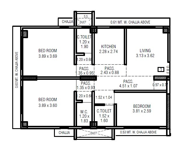 Floor plan of 3 BHK 872 Sq. Ft. Apartment in Ossia Shivkari, Mumbai