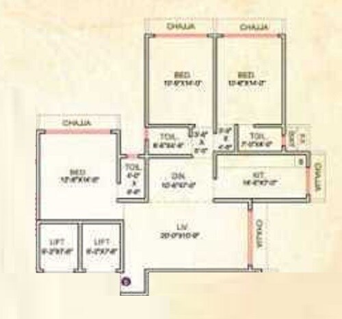 Floor plan of 3 BHK 998 Sq. Ft. Apartment in Ostwal Tower, Mumbai