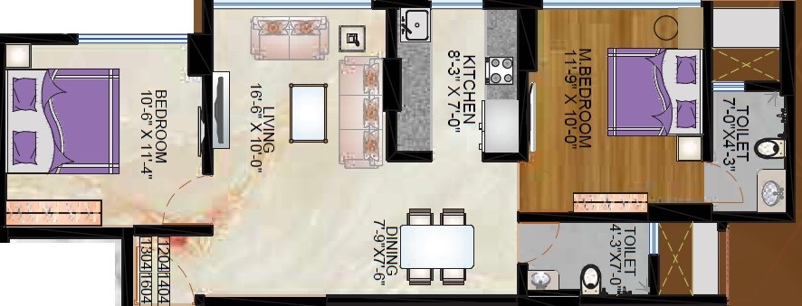 Floor plan of 2 BHK 590 Sq. Ft. Apartment in Oswal Heights, Mumbai