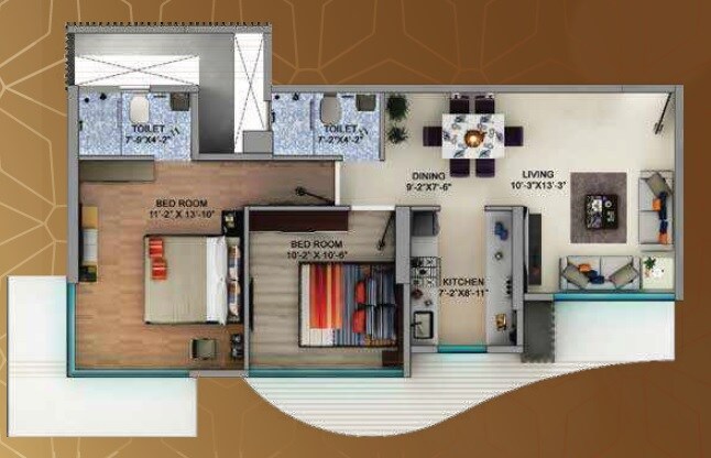 Floor plan of 2 BHK 528 Sq. Ft. Apartment in Oswal Heights, Mumbai