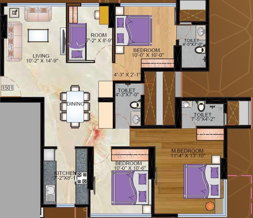 Floor plan of 3 BHK 915 Sq. Ft. Apartment in Oswal Heights, Mumbai