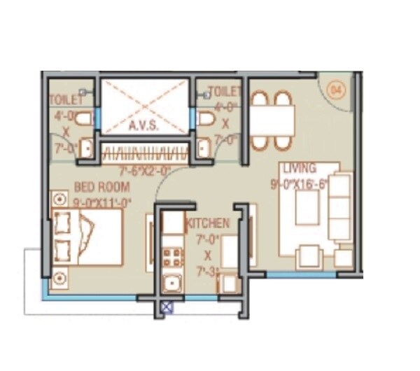 Floor plan of 1 BHK 436 Sq. Ft. Apartment in Oxford Navrang Crystal, Mumbai