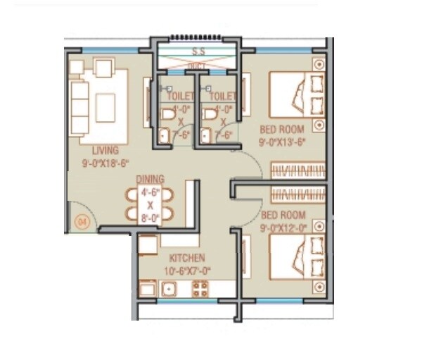 Floor plan of 2 BHK 636 Sq. Ft. Apartment in Oxford Navrang Crystal, Mumbai