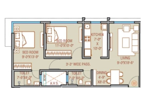 Floor plan of 2 BHK 638 Sq. Ft. Apartment in Oxford Navrang Crystal, Mumbai