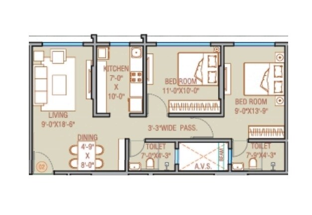 Floor plan of 2 BHK 655 Sq. Ft. Apartment in Oxford Navrang Crystal, Mumbai