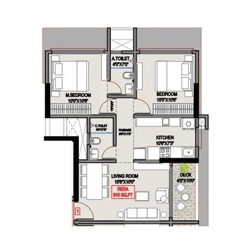 Floor plan of 2 BHK 610 Sq. Ft. Apartment in Oxford Navrang Laxmi, Mumbai