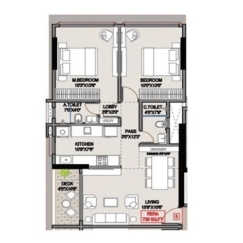 Floor plan of 2 BHK 730 Sq. Ft. Apartment in Oxford Navrang Laxmi, Mumbai