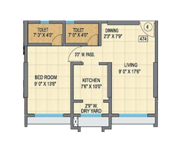Floor plan of 1 BHK 474 Sq. Ft. Apartment in Oxford Navrang Navdeep, Mumbai