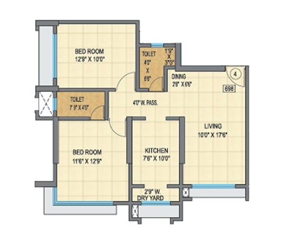 Floor plan of 2 BHK 698 Sq. Ft. Apartment in Oxford Navrang Navdeep, Mumbai