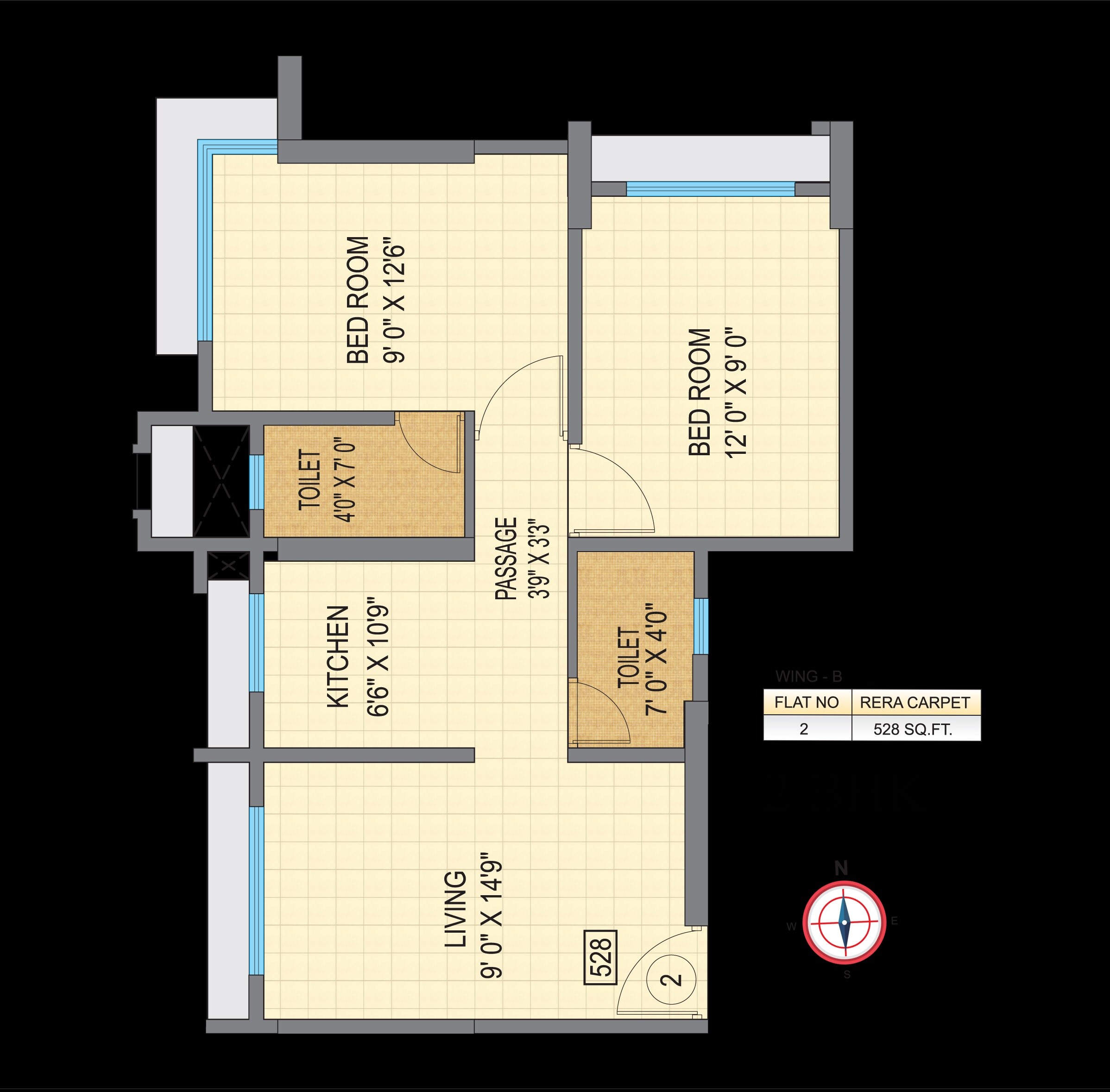Floor plan of 2 BHK 528 Sq. Ft. Apartment in Oxford Navrang Oasis, Mumbai