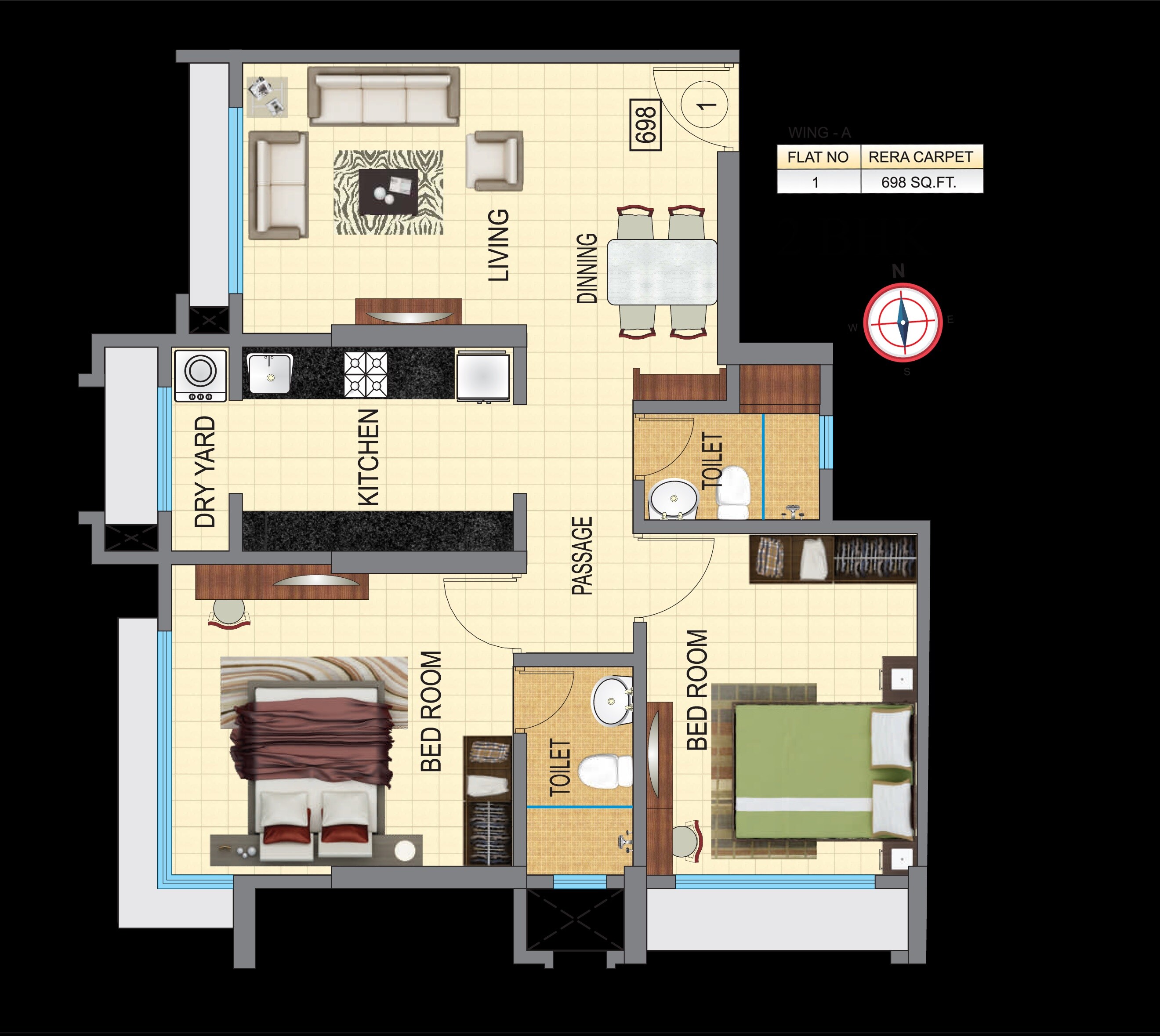 2 BHK 698 Sq. Ft. Apartment
