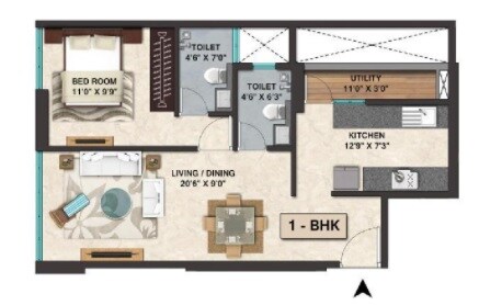 Floor plan of 1 BHK 428 Sq. Ft. Apartment in Ozone Mirabilis, Mumbai