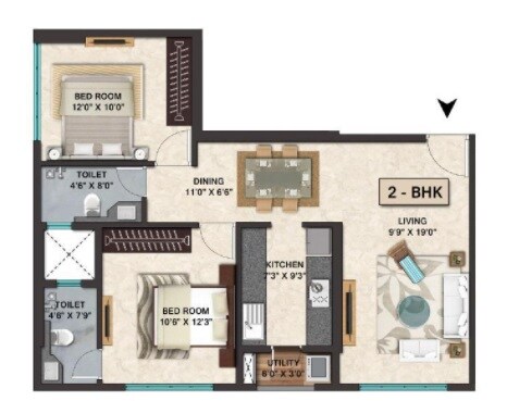 Floor plan of 2 BHK 666 Sq. Ft. Apartment in Ozone Mirabilis, Mumbai