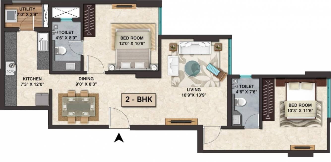 Floor plan of 2 BHK 763 Sq. Ft. Apartment in Ozone Mirabilis, Mumbai