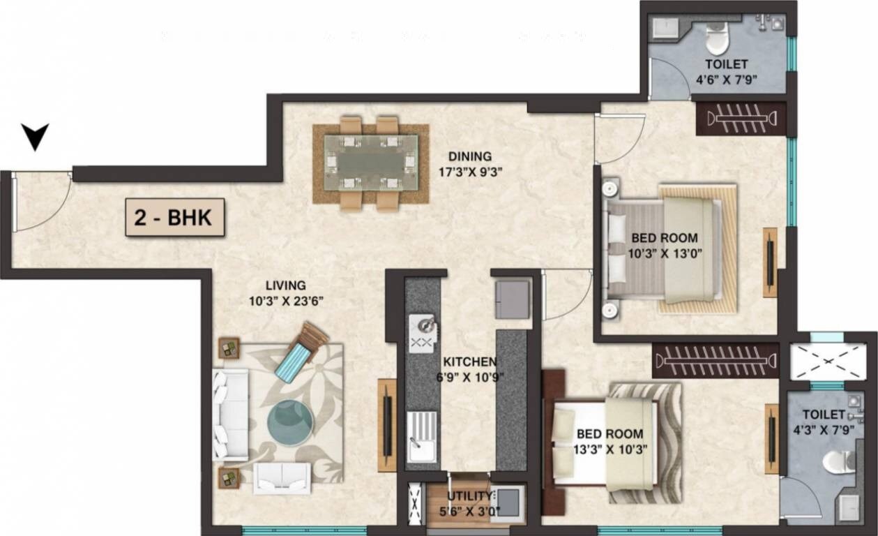 Floor plan of 2 BHK 820 Sq. Ft. Apartment in Ozone Mirabilis, Mumbai