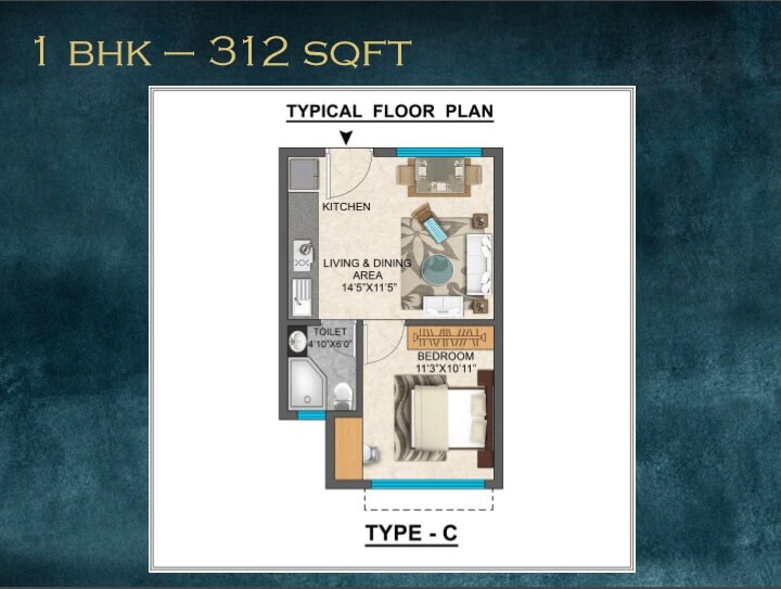 Floor plan of 1 BHK 312 Sq. Ft. Apartment in Ozone One Residences, Mumbai
