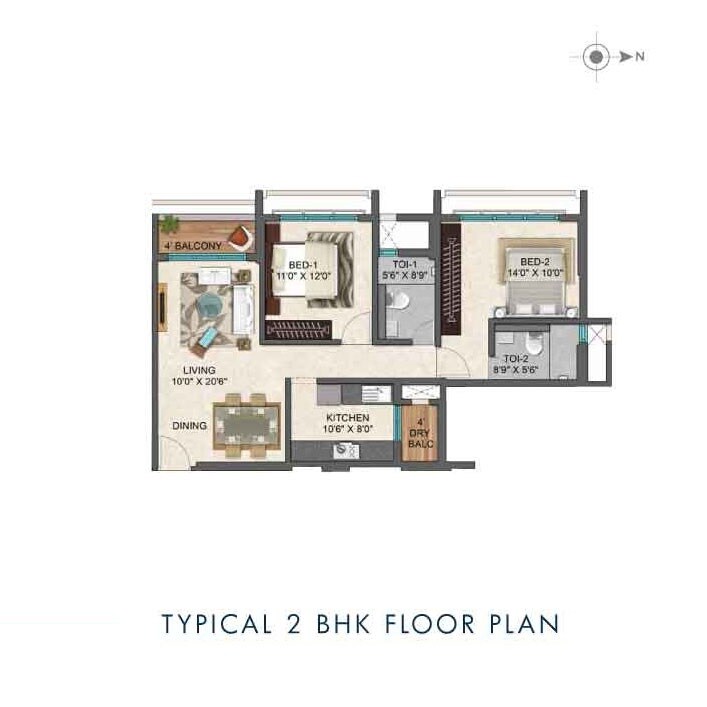 Floor plan of 2 BHK 825 Sq. Ft. Apartment in Ozone The Gateway, Mumbai