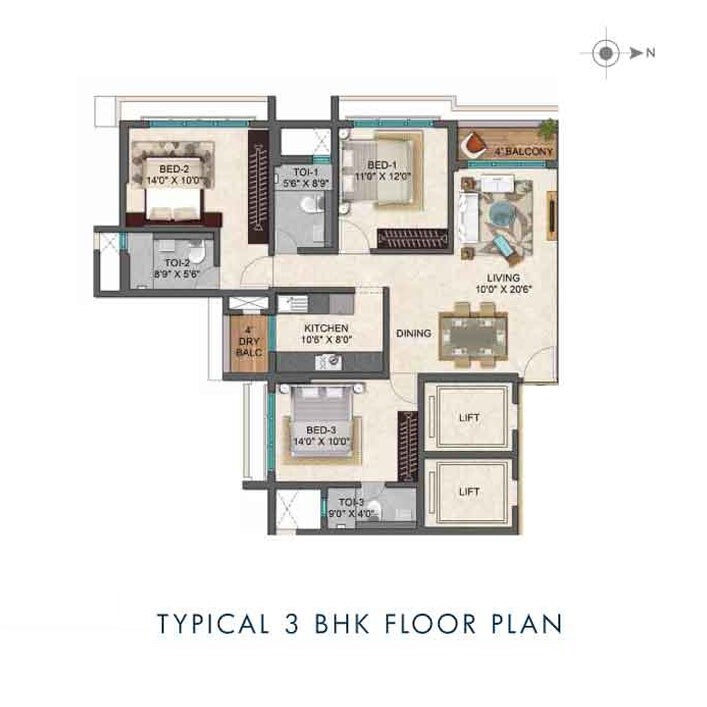Floor plan of 3 BHK 1055 Sq. Ft. Apartment in Ozone The Gateway, Mumbai