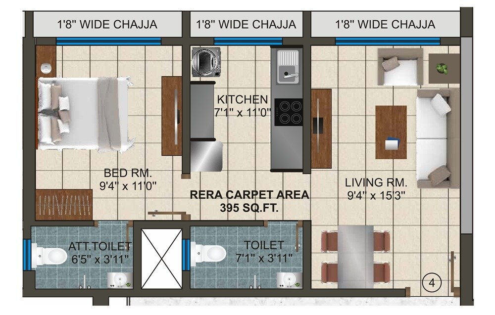 Floor plan of 1 BHK 395 Sq. Ft. Apartment in Padmalaxmi Vista Meadows, Mumbai