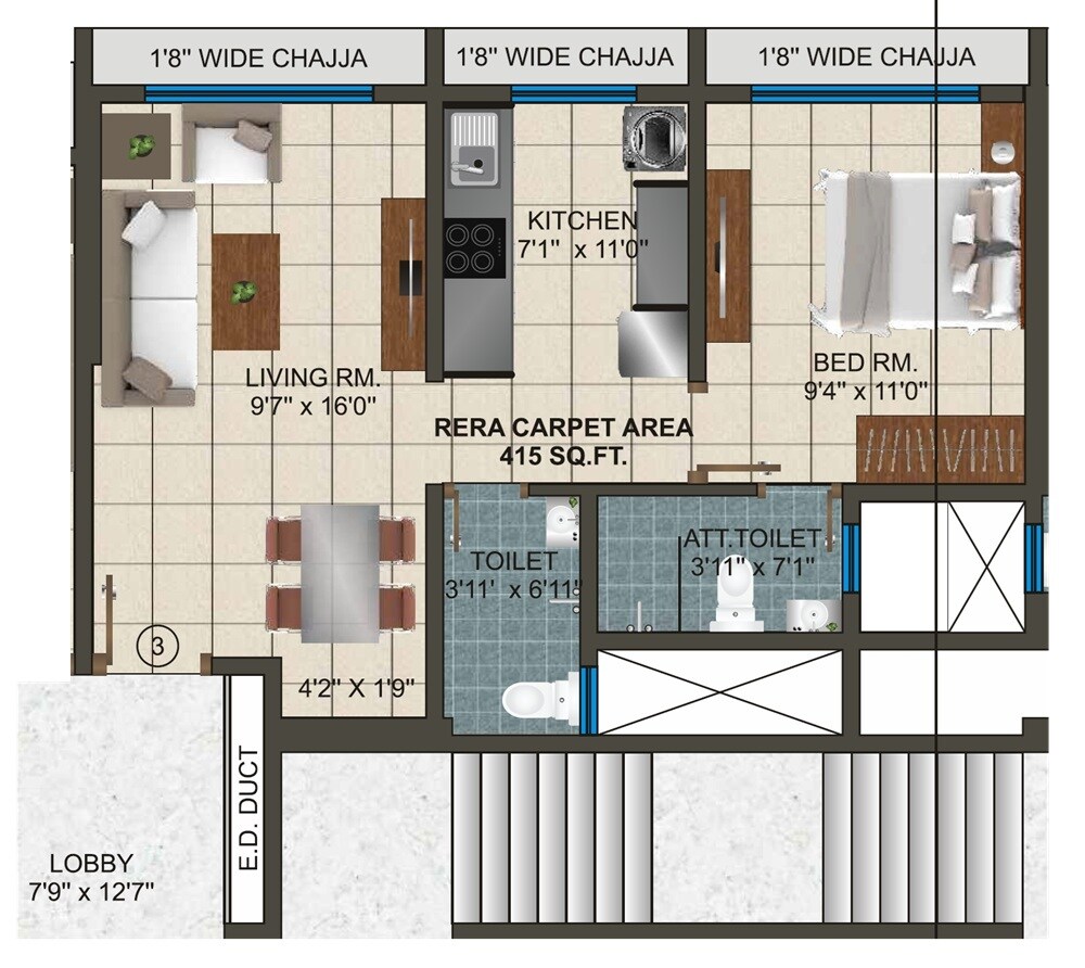 Floor plan of 1 BHK 415 Sq. Ft. Apartment in Padmalaxmi Vista Meadows, Mumbai