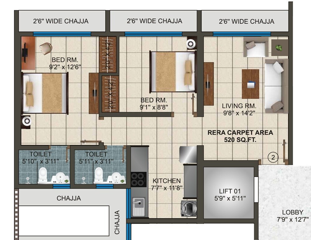Floor plan of 2 BHK 520 Sq. Ft. Apartment in Padmalaxmi Vista Meadows, Mumbai