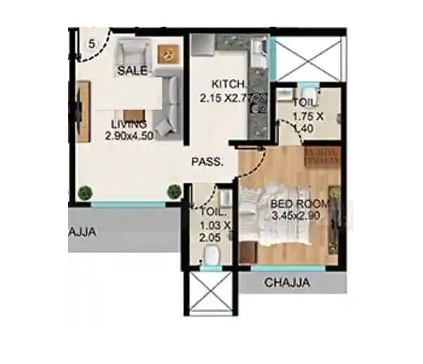 Floor plan of 1 BHK 381 Sq. Ft. Apartment in Padmamala Destiny One, Mumbai