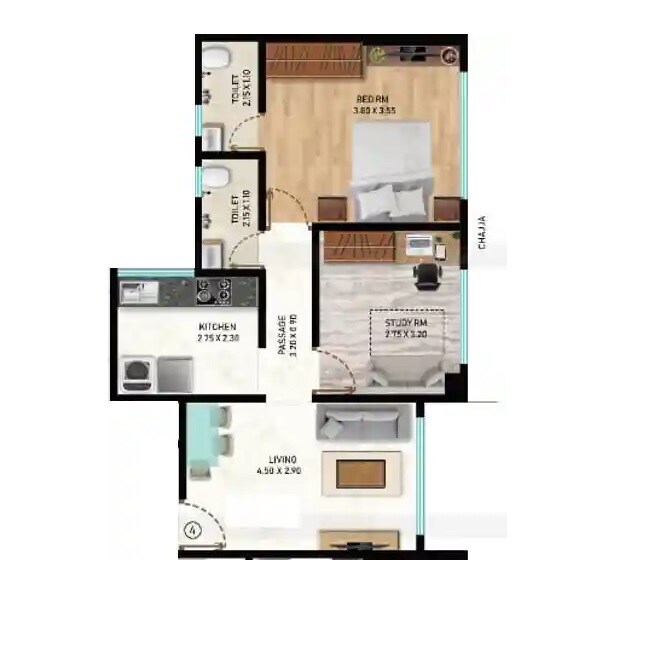 Floor plan of 2 BHK 531 Sq. Ft. Apartment in Padmamala Destiny One, Mumbai