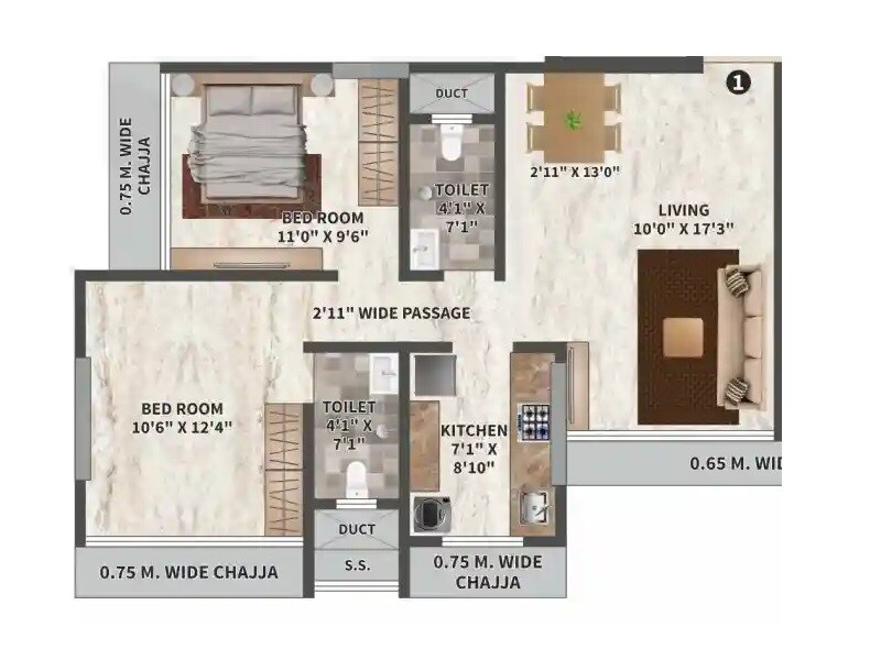 Floor plan of 2 BHK 625 Sq. Ft. Apartment in Padmavati Abundanttiafull, Mumbai