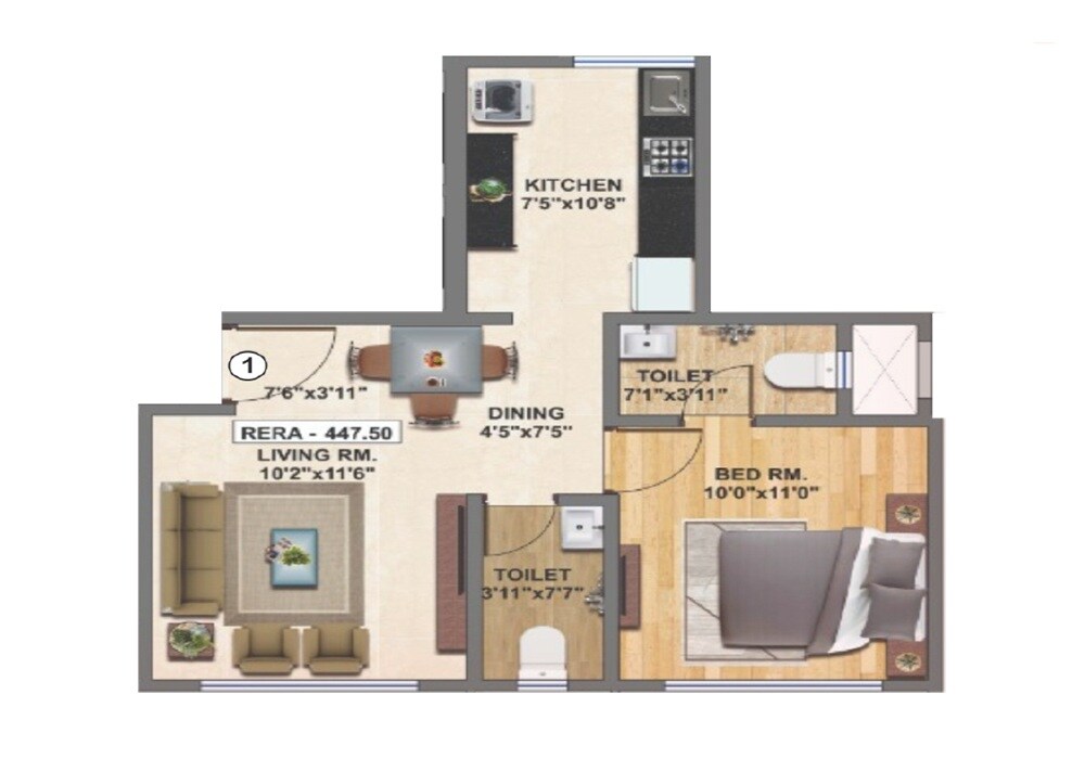 Floor plan of 1 BHK 447 Sq. Ft. Apartment in Panchnaad Optimus, Mumbai