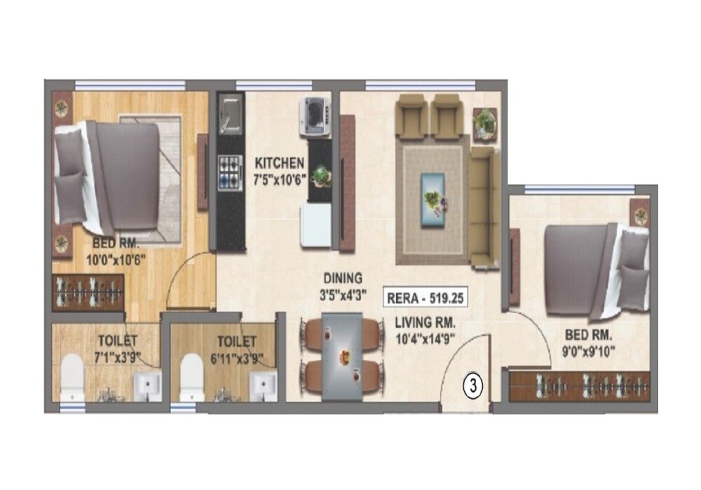 Floor plan of 2 BHK 520 Sq. Ft. Apartment in Panchnaad Optimus, Mumbai