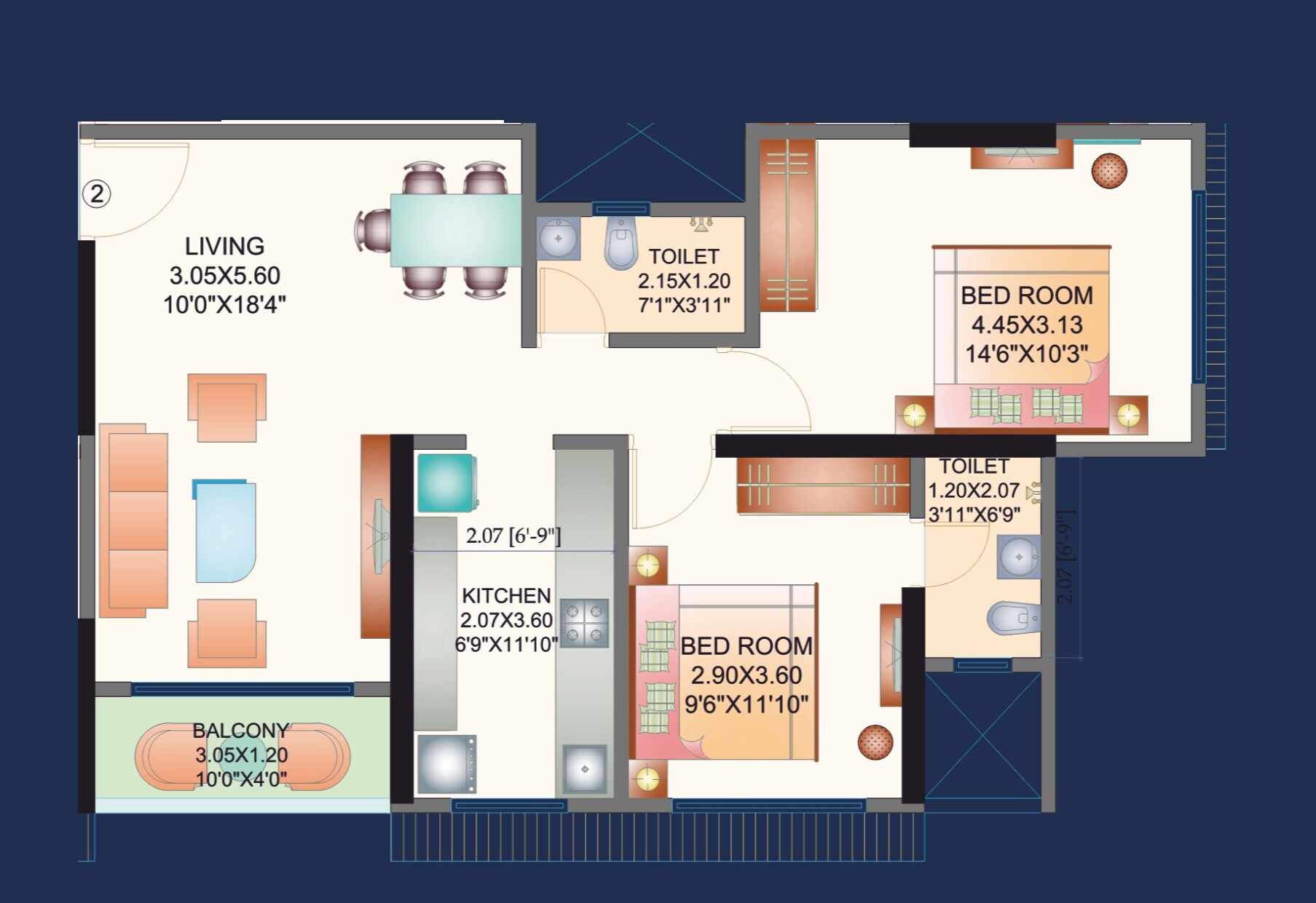 Floor plan of 2 BHK 883 Sq. Ft. Apartment in Panchnaad Skyline 103, Mumbai