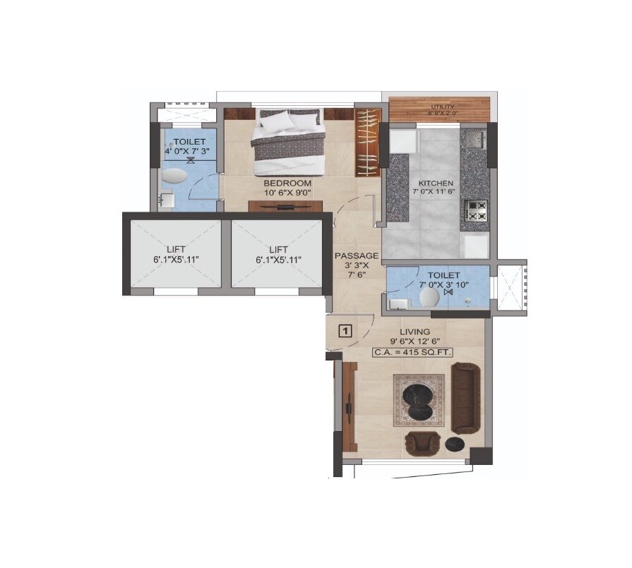Floor plan of 1 BHK 415 Sq. Ft. Apartment in Panom Park, Mumbai